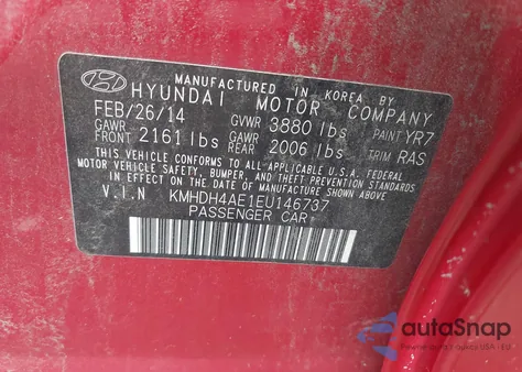 2014 Hyundai Elantra Se z USA, uszkodzony, nr VIN KMHDH4AE1EU146737